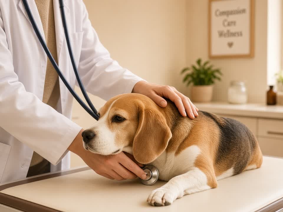 Muayene masasında bir köpeğin sağlık kontrolü yapılıyor
