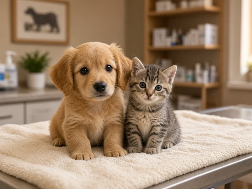 Bir yavru köpek ve yavru kedi birlikte kontrolden geçiyor
