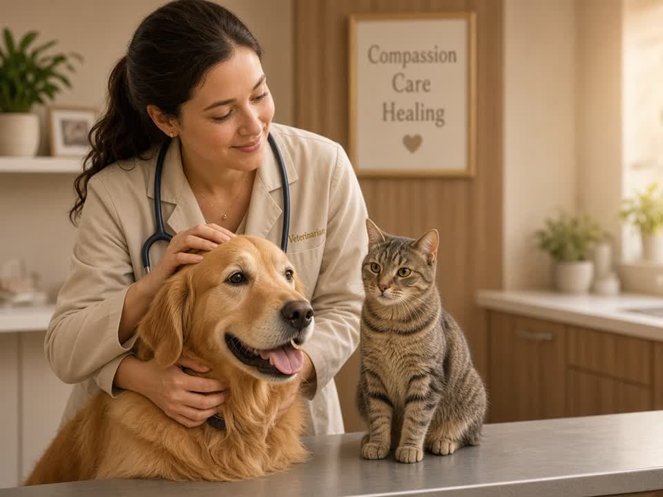 Veteriner hekim, golden retriever ile klinik bakımı